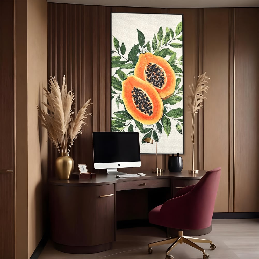 Tablou canvas cu ilustratie cu papaya si frunze tropicale, in rama de aluminiu negru, pe perete intr-un birou
